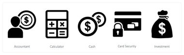 Muhasebeci, hesap makinesi ve nakit olarak 5 iş ikonu.