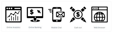 Çevrimiçi analiz, çevrimiçi bankacılık, mobil sohbet olarak 5 seo ve dijital pazarlama simgesi