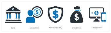 Banka, muhasebeci ve para güvenliği olarak beş iş ikonu.