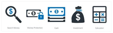Arama parası, para koruması, nakit olarak 5 iş simgesi