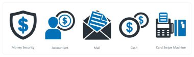 Para güvenliği, muhasebeci ve posta olarak 5 iş simgesi.