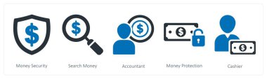 Para güvenliği için 5 iş ikonu, para gönder, muhasebeci.