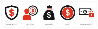 Para güvenliği, muhasebeci ve yatırım olarak 5 iş ikonu.
