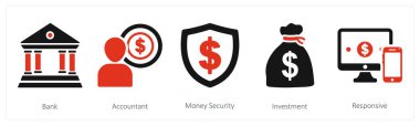 Banka, muhasebeci ve para güvenliği olarak beş iş ikonu.
