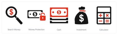Arama parası, para koruması, nakit olarak 5 iş simgesi