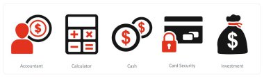 Muhasebeci, hesap makinesi ve nakit olarak 5 iş ikonu.