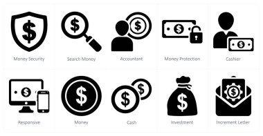 Para güvenliği, arama parası ve muhasebeci olarak 10 iş ikonu.
