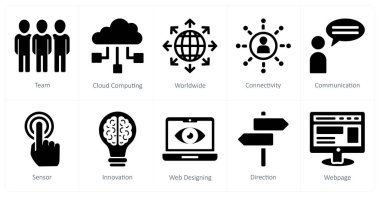 Dünya çapında 10 seo ve dijital pazarlama ikonu takım, bulut hesaplama,