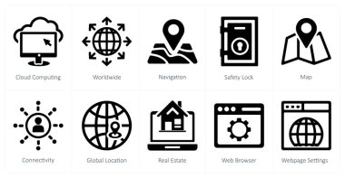 10 seo ve dijital pazarlama simgelerinden oluşan bir set bulut hesaplama, dünya çapında, navigasyon