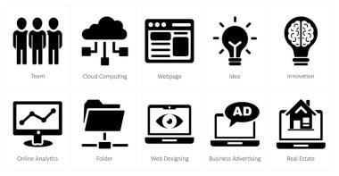 Takım olarak 10 seo ve dijital pazarlama simgesi, bulut hesaplama, web sayfası