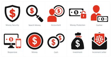 Para güvenliği, arama parası ve muhasebeci olarak 10 iş ikonu.