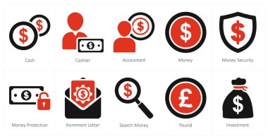 Nakit, kasiyer ve muhasebeci olarak 10 iş ikonu.