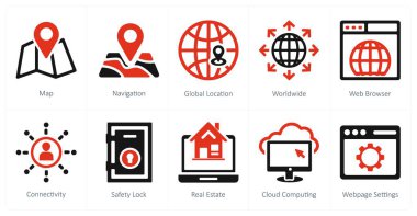 Harita, navigasyon ve küresel konum olarak 10 adet seo ve dijital pazarlama simgesi