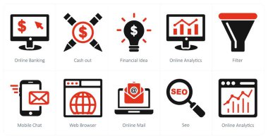 Çevrimiçi bankacılık, para çekme, finansal fikir olarak 10 adet seo ve dijital pazarlama simgesi