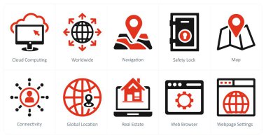 10 seo ve dijital pazarlama simgelerinden oluşan bir set bulut hesaplama, dünya çapında, navigasyon