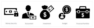 Para güvenliği, muhasebeci ve yatırım olarak 5 farklı ikon.
