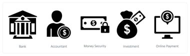 Banka, muhasebeci ve para güvenliği olarak 5 farklı ikon.