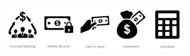 Finansal toplantı, para güvenliği, nakit para gibi 5 farklı ikon.