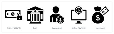 Para güvenliği, banka ve muhasebeci olarak 5 farklı ikon.