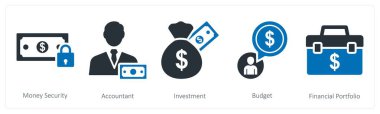 Para güvenliği, muhasebeci ve yatırım olarak 5 farklı ikon.