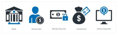 Banka, muhasebeci ve para güvenliği olarak 5 farklı ikon.