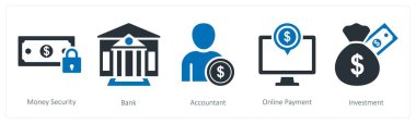 Para güvenliği, banka ve muhasebeci olarak 5 farklı ikon.