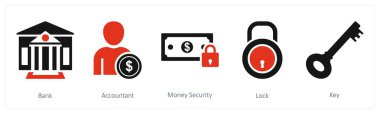 Banka, muhasebeci ve para güvenliği olarak 5 farklı ikon.