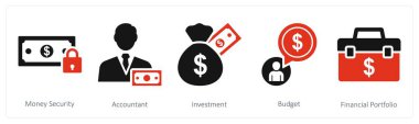 Para güvenliği, muhasebeci ve yatırım olarak 5 farklı ikon.