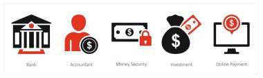 Banka, muhasebeci ve para güvenliği olarak 5 farklı ikon.