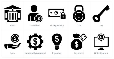 Banka, muhasebeci ve para güvenliği olarak 10 farklı ikon seti