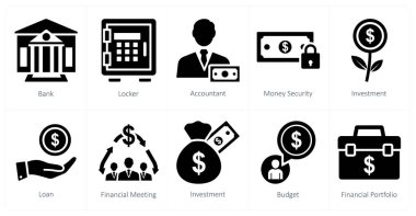 Banka, dolap ve muhasebeci olarak 10 farklı ikon.