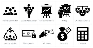 İş görüşmesi, güvenlik yöneticisi ve iş sunumu olarak 10 adet karışık simge