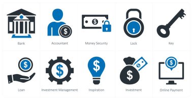 Banka, muhasebeci ve para güvenliği olarak 10 farklı ikon seti