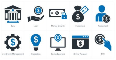 Banka, kredi, para güvenliği olarak 10 adet karışık simge