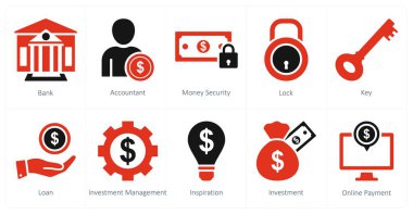 Banka, muhasebeci ve para güvenliği olarak 10 farklı ikon seti