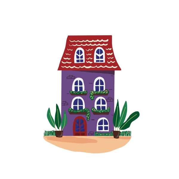 illustration of a house with a red roof and plants