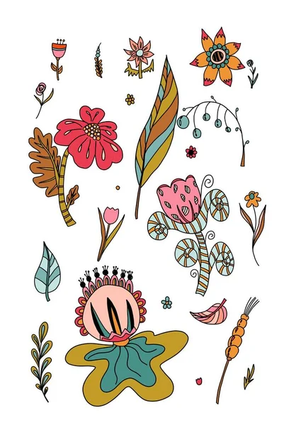 Zestaw Kolorowych Kwiatów Ręcznie Rysowane Styl Dziecięcy — Zdjęcie stockowe