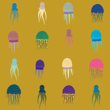 Denizanası ile kusursuz desen. parlak stilize edilmiş çok renkli