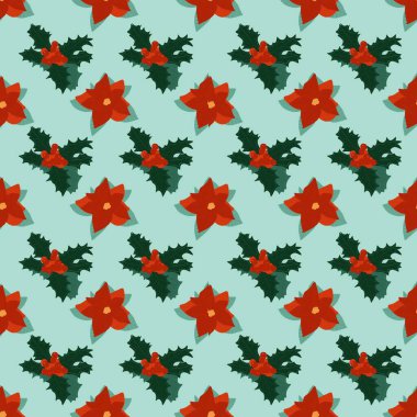 Kusursuz desenli Noel teması, çiçekler ve Noel ağacı