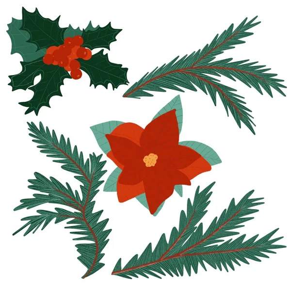 Uppsättning Nyårselement Blommor Julgran Jul — Stockfoto
