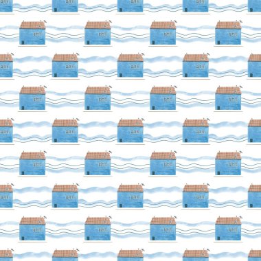 Mavi evlerde elle çizilmiş, pürüzsüz desenler. Mimari motiflerden esinlenilmiş orijinal bir tasarım. Tekstil, ambalaj kağıdı, web tasarım arka planı veya yazdırma ürünleri için mükemmel