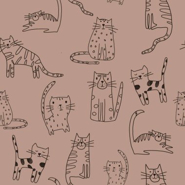 Renkli Arkaplan Üzerine El Çizimi Grafik Kediler Deseni