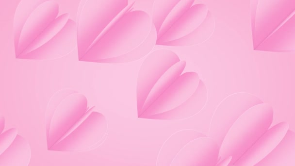 ピンクの背景のポストカードに紙の飛行心 ハッピーウィメン バレンタインデー 誕生日グリーティングカードデザインのハート型の愛のベクトルシンボル ペーパーカットスタイル 4KフルHdシームレスループ — ストック動画