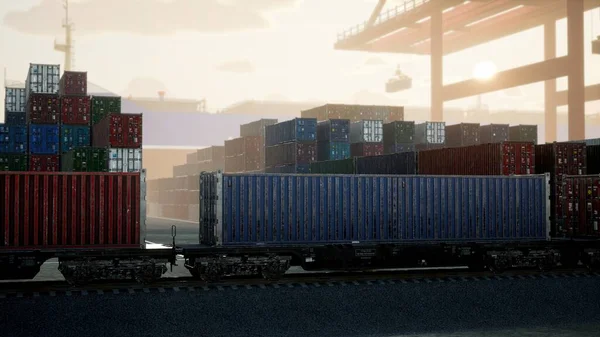 Container Train Leaving Port, Containers In Port Are Unloaded From Cargo Ship, Container Transport By Freight Train And Trucks
