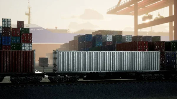 Container Train Leaving Port, Containers In Port Are Unloaded From Cargo Ship, Container Transport By Freight Trucks Transfer Train