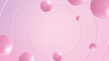 Pink cylinder stage with flying spheres 3d animation Round pedestal design geometric composition. Abstract minimal scene Cosmetic product shiny showcase presentation background. - 4K seamless loop