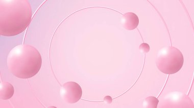 Pink cylinder stage with flying spheres 3d animation Round pedestal design geometric composition. Abstract minimal scene Cosmetic product shiny showcase presentation background.
