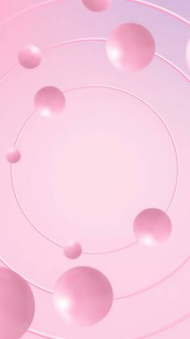 Pink cylinder stage with flying spheres 3d animation Round pedestal design geometric composition. Abstract minimal scene Cosmetic product shiny showcase presentation background.