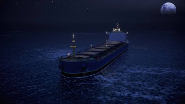 Night Cargo Ship Is Floating. Dry Cargo Ship Offshore In Open Sea. Aerial View Of Dry Cargo Ship With Full Moon clipart