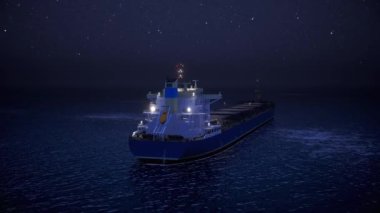 Night Oil Tanker is floating at sea oil port terminal. Oil and gas petrochemical tanker offshore in open sea. Refinery industry cargo ship - 4K Resolution